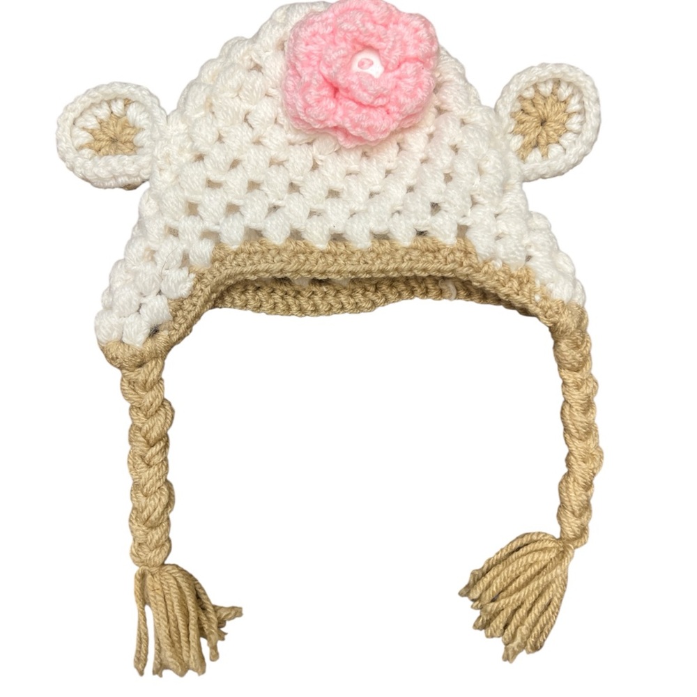 Handmade Crochet Bear Ear baby Hat with Pink Flower and tie size newborn to 1 yr